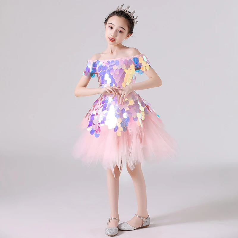 Children Princess Party Pink Sequins Dress Elegant Luxury Long Evening Gowns for Little Girls Formal Pageant Wedding Dresses Kid