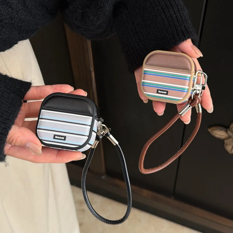 

Fashion Blue Brown Stripes Earphone Case For Apple Airpods 4 3 2 Pro 3 Protective Cover with Hand Rope Silicone Headphone Cases