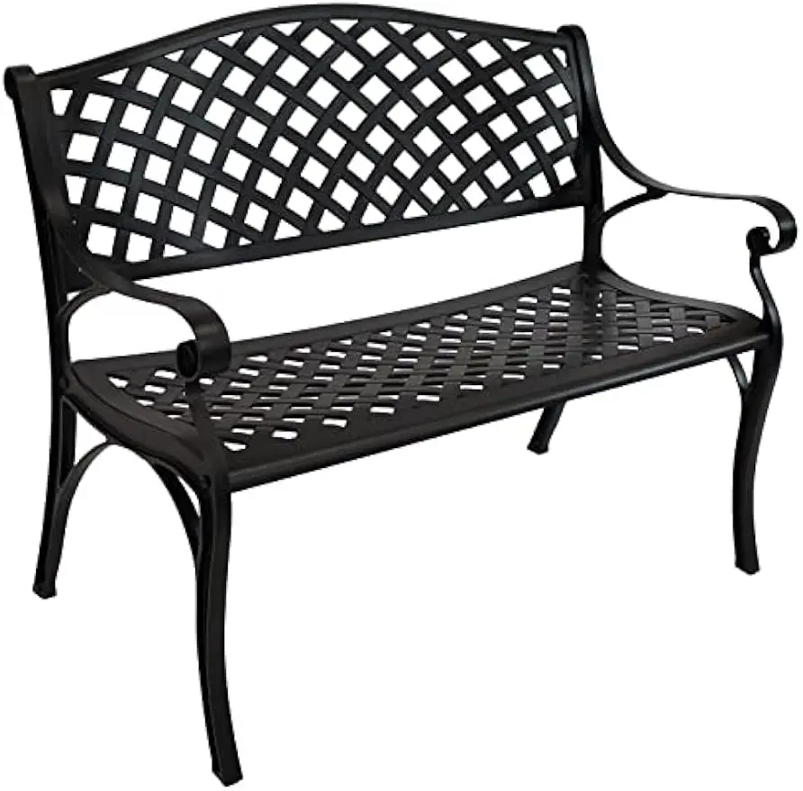 2-Person Cast Aluminum Garden Bench with Checkered Design - 615-Pound Weight Capacity - 39-Inch W - Black