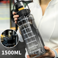 1.5L Large Capacity Sports Water Bottle Plastic Drinking Bottles with Straw&Time Marker Outdoor Camping Cycling Hiking Gym Jugs