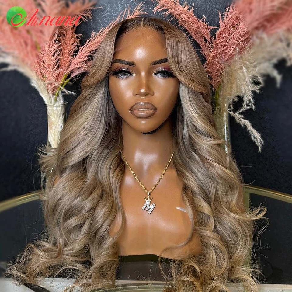 

Highlight Ash Blonde Colored 13X6 13X4 HD Lace Frontal Wig Body Wave Ombre Blonde With Brown Roots 5X5 Closure Human Hair Wigs