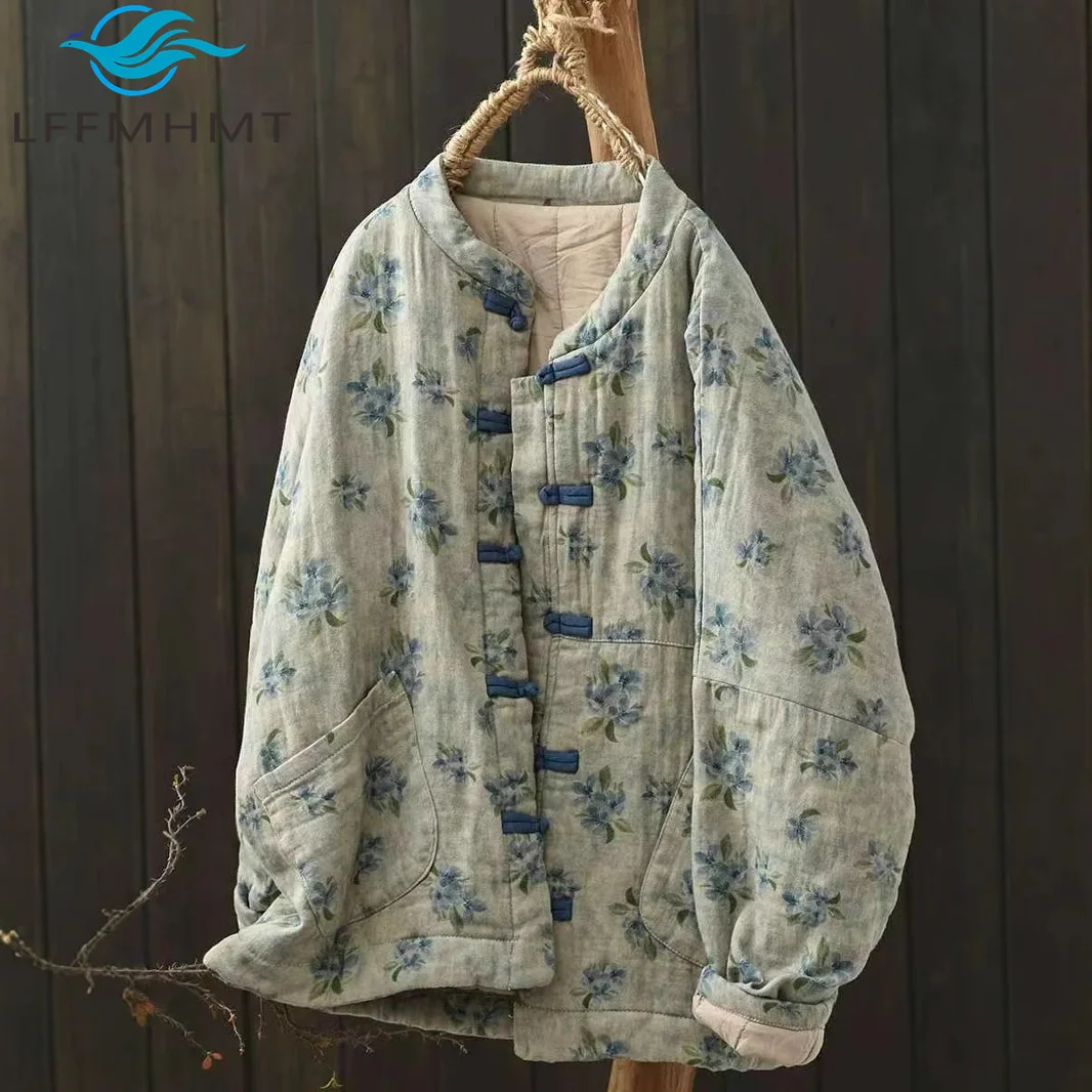 

Women Winter Vintage Flower Print Cotton Parkas Good Quality Chinse Style Long Sleeve Thicken Warm Quited Jacket Female Coats
