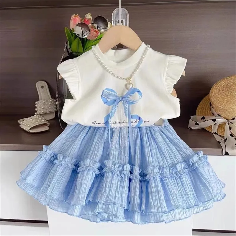 

Костюм с короткими рукавами, модный повседневный комплект с бантом, короткие рукава с пышными плечами, клетчатая юбка-карандаш, комплект из двух предметов, детский бутик