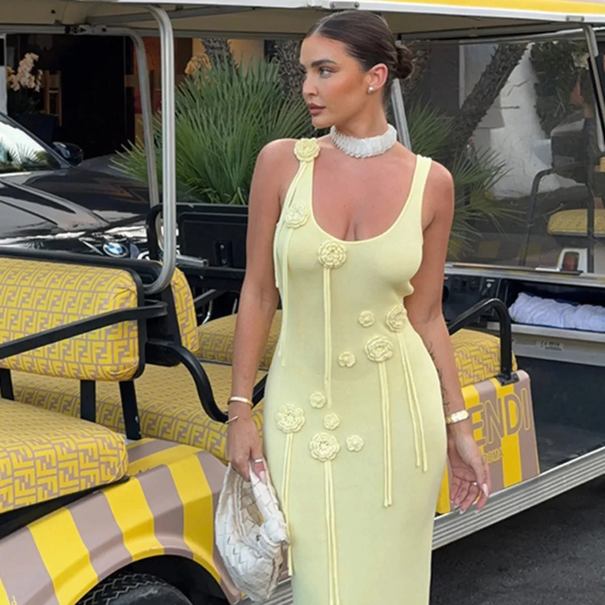 

Solid Knitted Beach Dress Women Fashion Flower Slim Backless Holiday Outfits Spring Yellow Sleeveless Maxi Party Dresses 2025