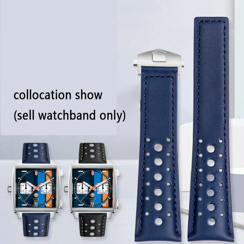 Genuine leather Watchband For TAG HEUER MONACO CARRER F1 Wrist Band 22mm black blue watches band with folding clasp  strap