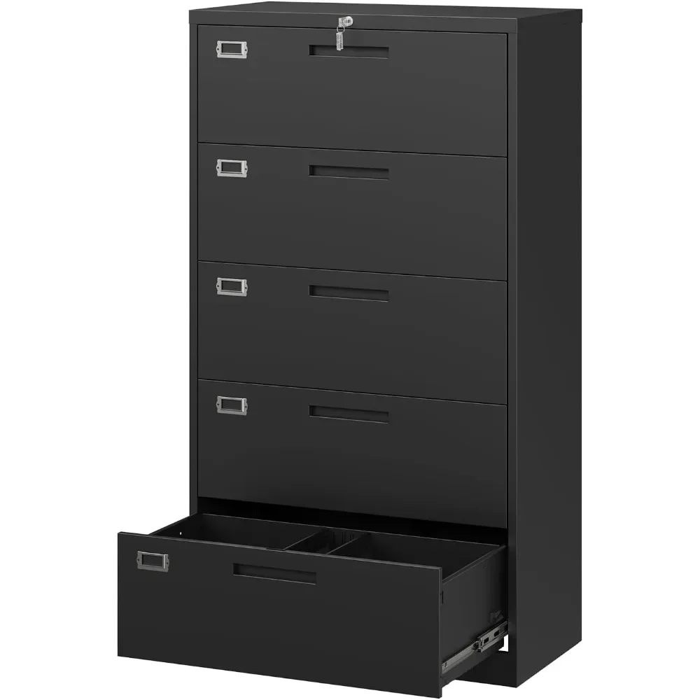 Lateral File Cabinet with Lock, 5 Drawer Metal File Cabinets 35.4 Wide, Home Office Locking Filing Cabinets