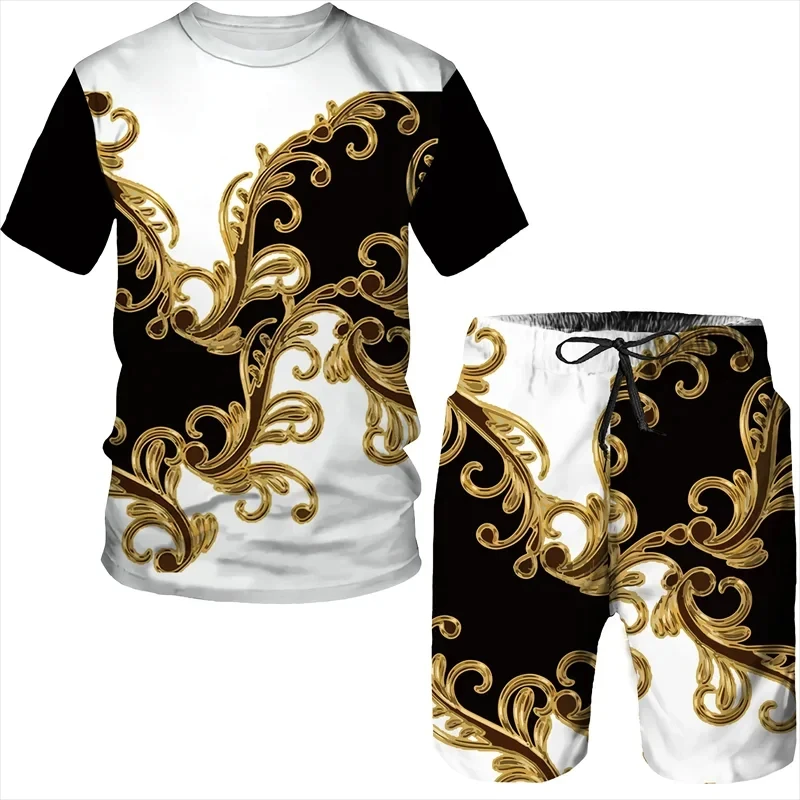 Conjuntos de camiseta e shorts de padrão dourado masculino, impresso em 3D, terno de duas peças, moletom masculino, roupas de verão, moda