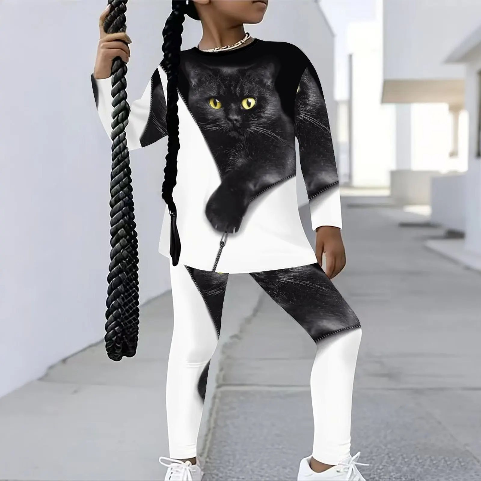 Winter Jogging Pants Girls Print Long Sleeve Round Neck Top Cute Two-Piece Daily Casual T-shirt Autumn Leggings