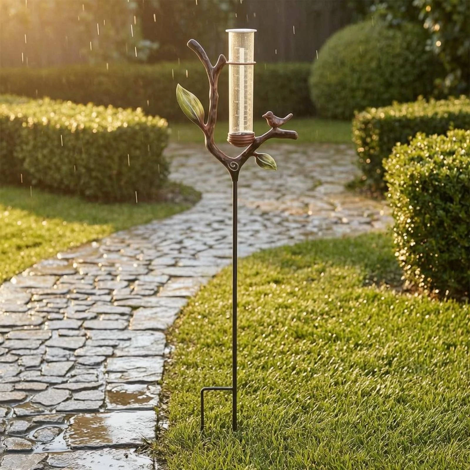 Decorative Bird Rain Gauge Bronze Finish Metal Stake Rain Gauge Outdoor Decor Easy to Read Weather Resistant for Garden