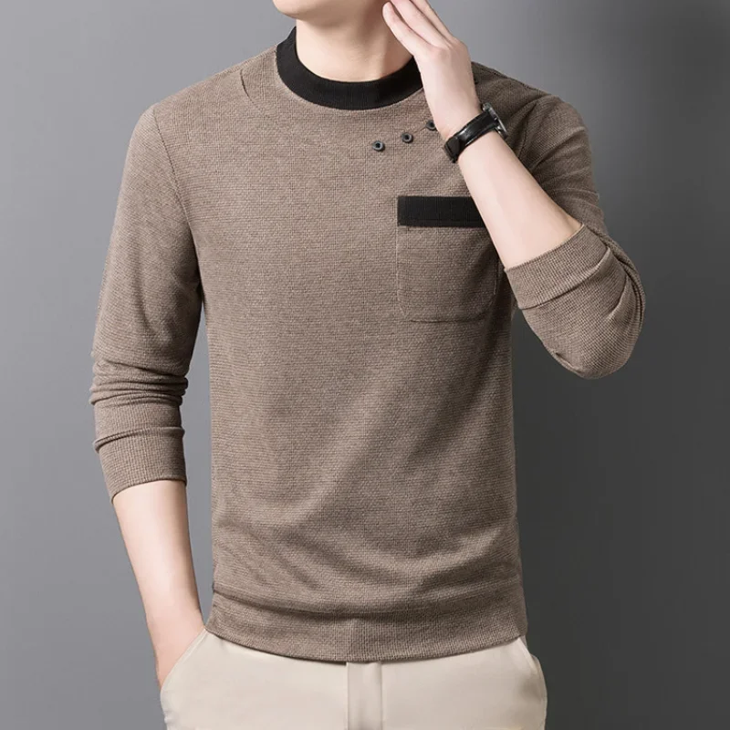 

Trendy Versatile Round Neck T-shirt Men's Spring and Autumn Simple Casual Versatile Color-blocking Real Pocket T-shirt Top