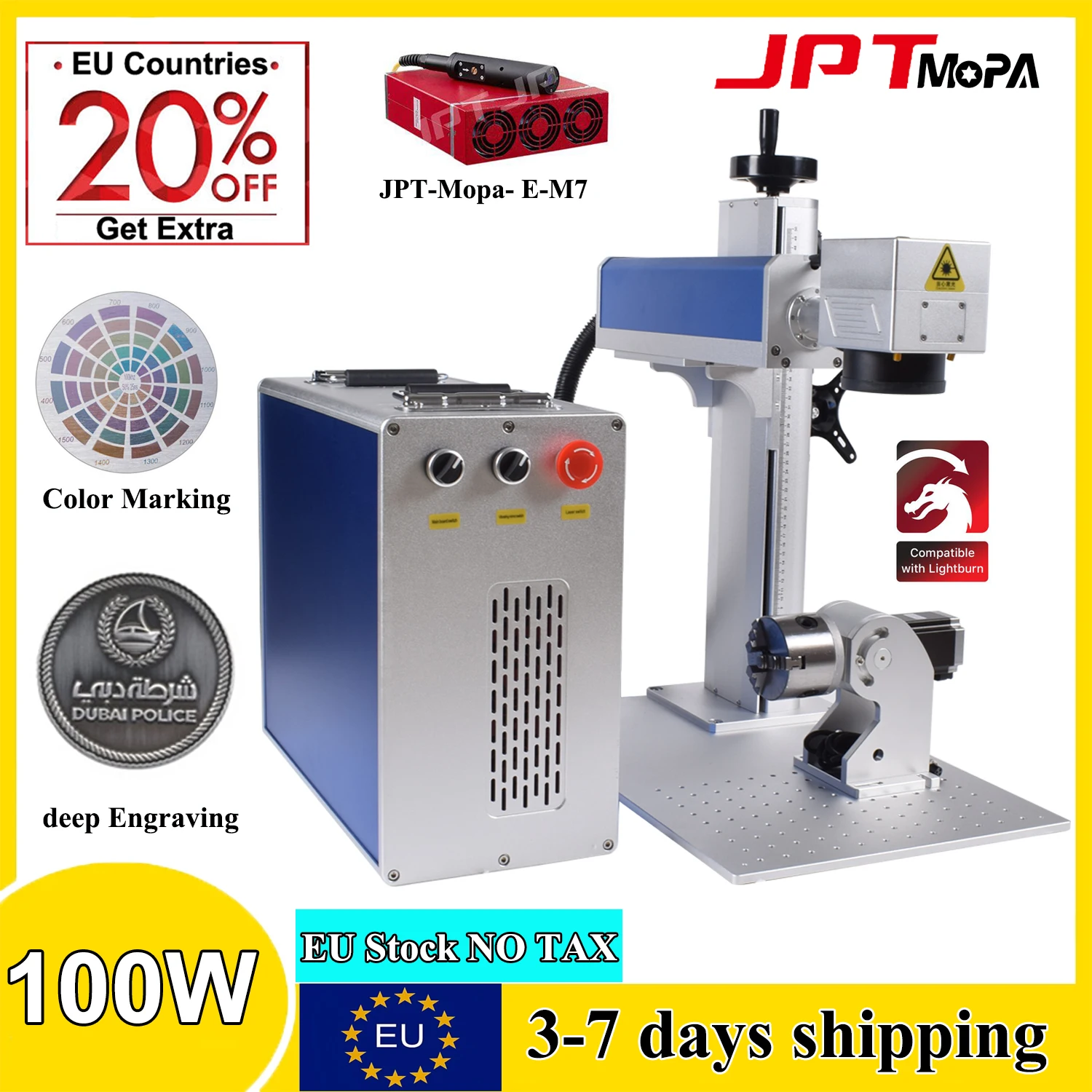 JPT 100W Fiber Laser Marking Machine Laser Engraver Mopa M7 60W Fiber Laser Cutting Engraving Jewelry Silver Gold Metal EU Ship