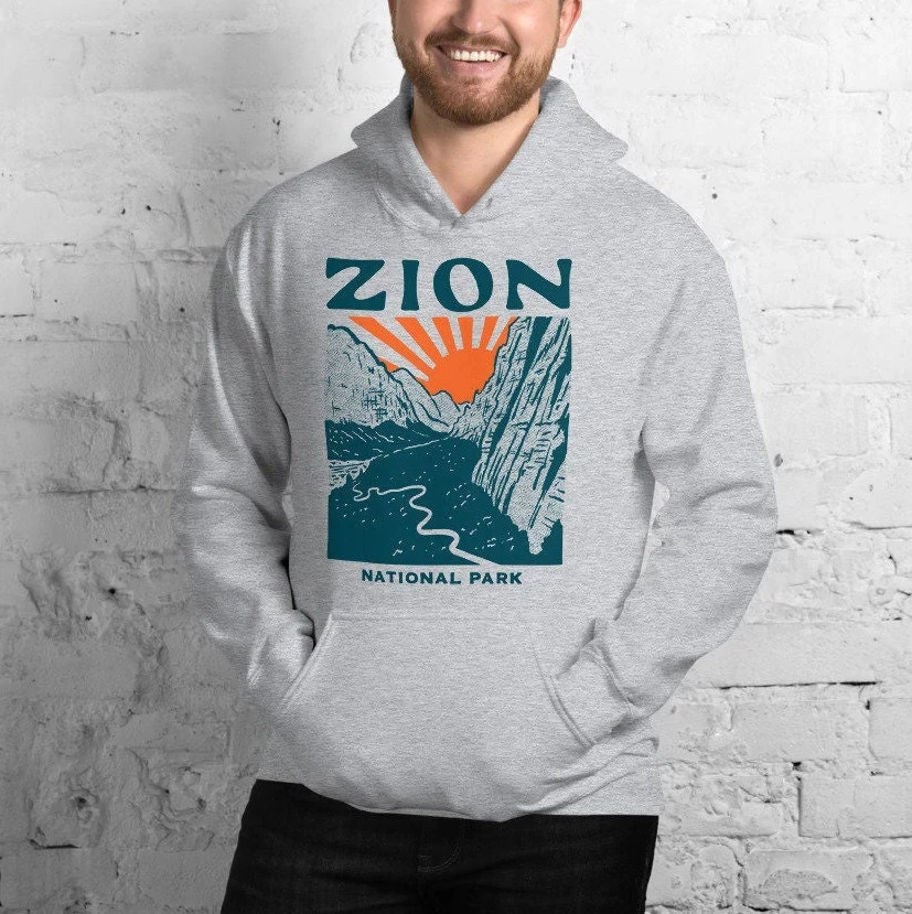 Felpa con cappuccio del Parco Nazionale Zion - Pullover sportivo grigio regalo vintage dell'Utah, felpa con cappuccio souvenir per i viaggiatori Capispalla casual accogliente