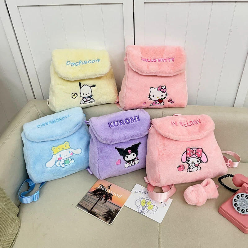 1PC Casual Kawaii Cartoon Winter Crossbody Bag Sanrio Kuromi Plush Shoulder Bag For Women Cute Embroidery Small Fluffy Backpacks