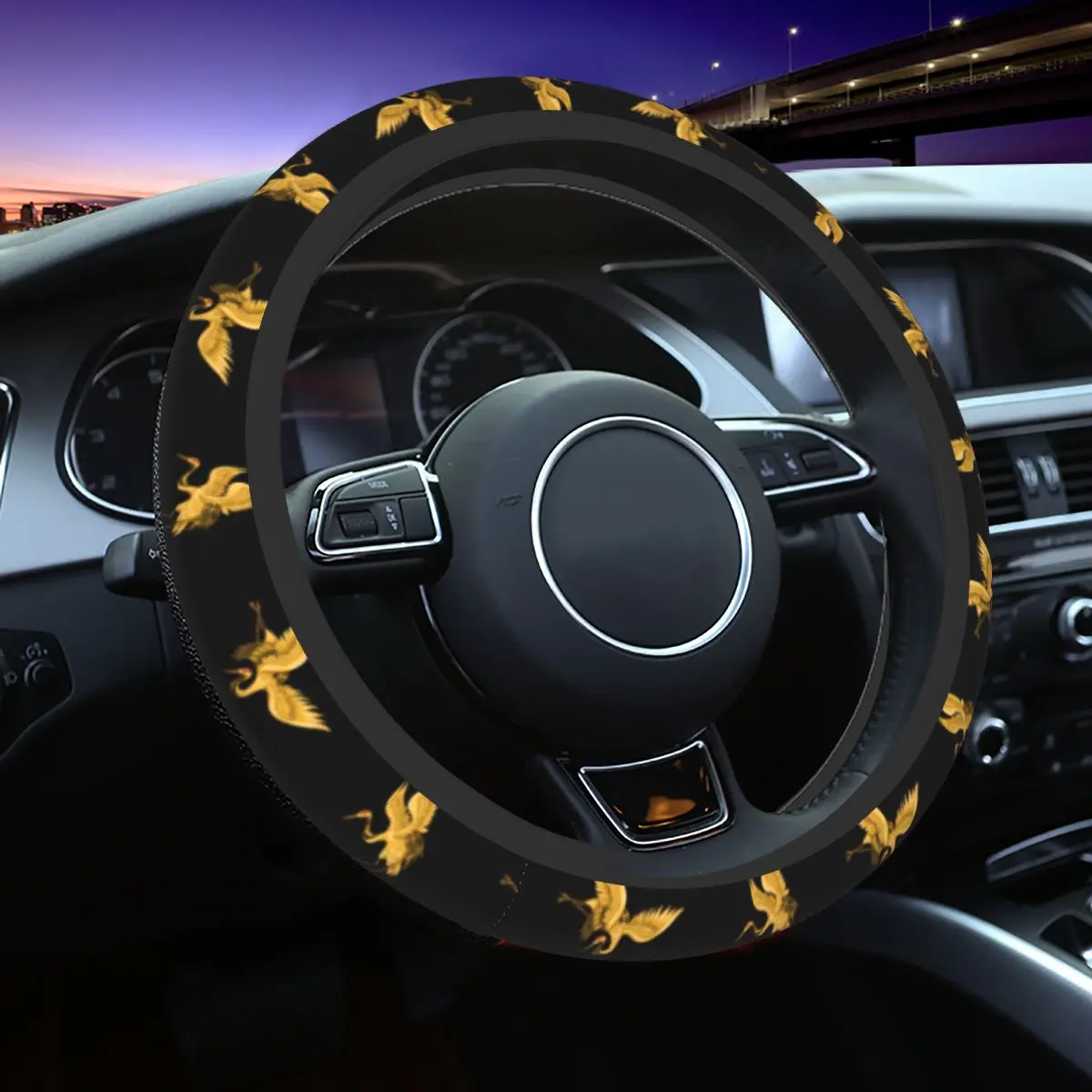 38cm Car Steering Wheel Covers Golden Japanese Cranes Oriental Anti-slip Vintage Asian Car-styling Elastische Car Accessories