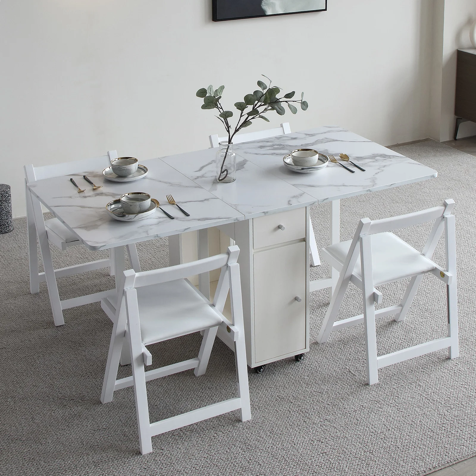Fashion White Folding Dining Table Furniture Multifunctional Rectangle Movable Dining Table and Folding Chairs - Image 3