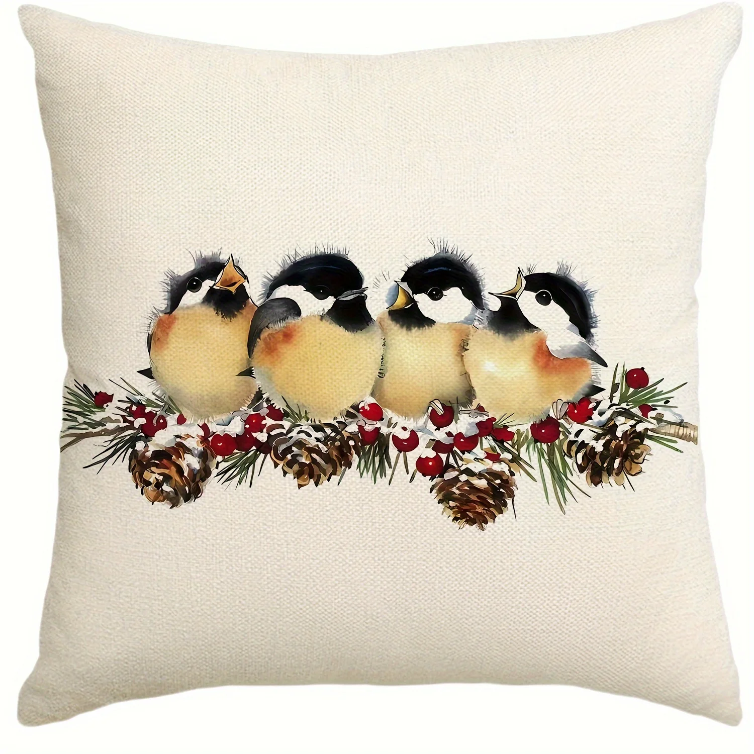 1pc Winter Little Birds Pinecone Berry Double‑Sided Print Pillow Cover, Cushion Case for Sofa Bedroom, Insert Not Included