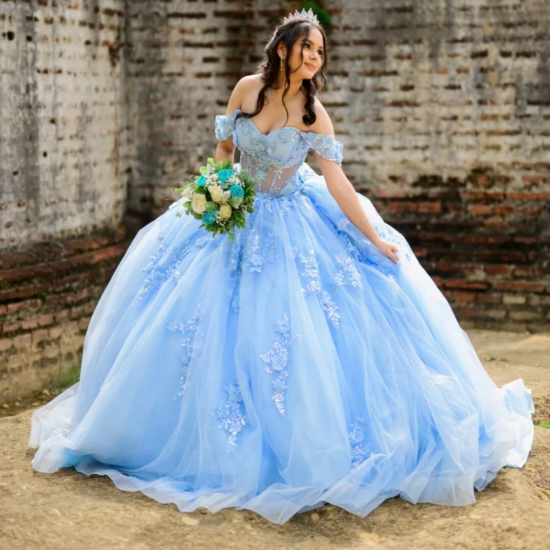 

Небесно-голубое платье Quinceanera с открытыми плечами и аппликацией из кружева и бусин с корсетом из тюля, бальное платье Vestidos De 15 Anos Sweet 16 Dress
