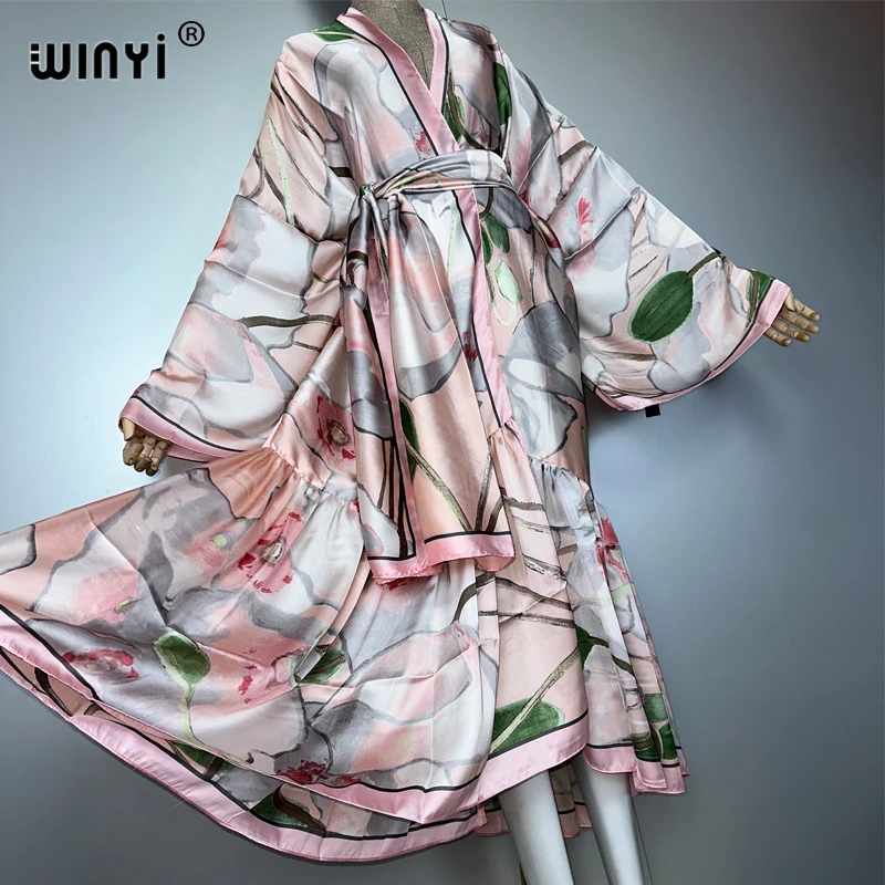 ชุดเดรสพิมพ์ลาย WINYI Africa Daily พร้อมเข็มขัดสำหรับผู้หญิง เสื้อผ้าฤดูร้อนสไตล์กิโมโน อบายา ดูไบ ชุดคลุมชายหาดสุดหรู คาฟตัน