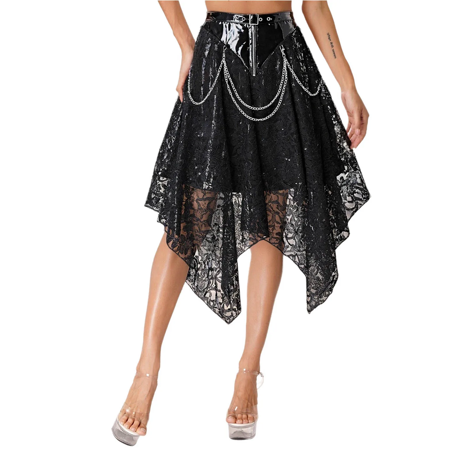 

Adults Women Renaissance Steampunk Gothic Skirt Gloss Sequins Waist Chains Floral Lace Ruffled Skirt with Theme Party Halloween