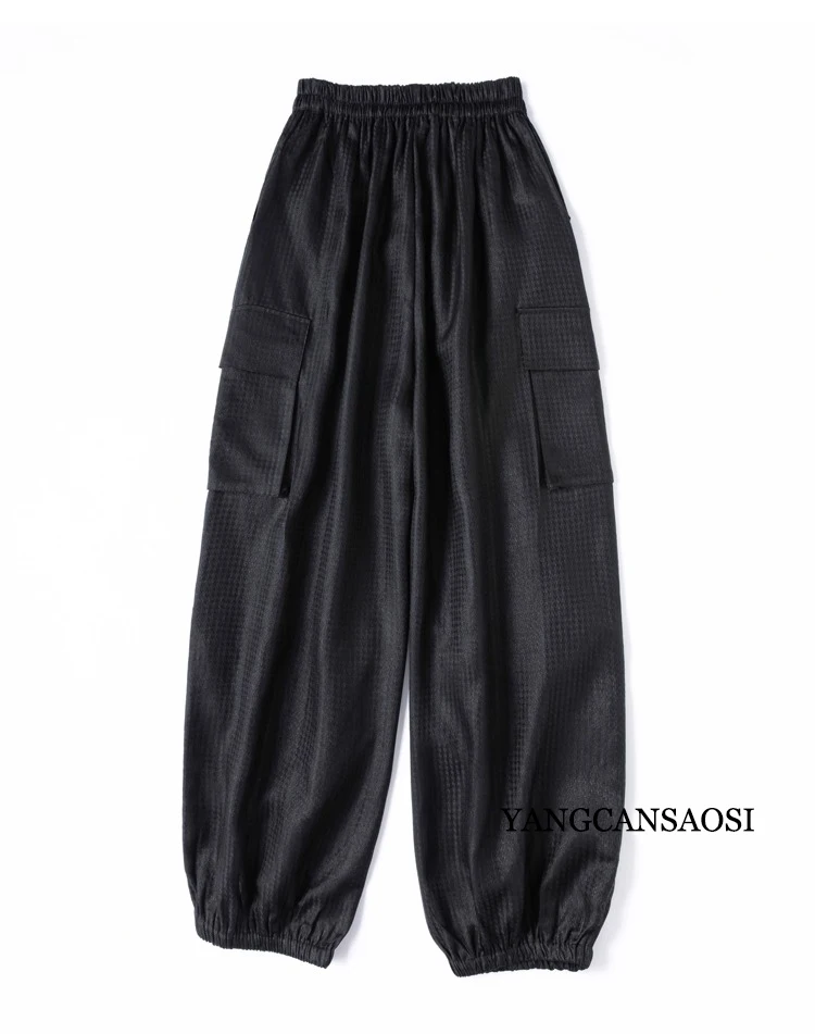 Women's Fashion New Style Thousand Bird Grid 100% Natural Mulberry Silk Gambiered Guangdong Gauze Elastic Waist Lantern Pants