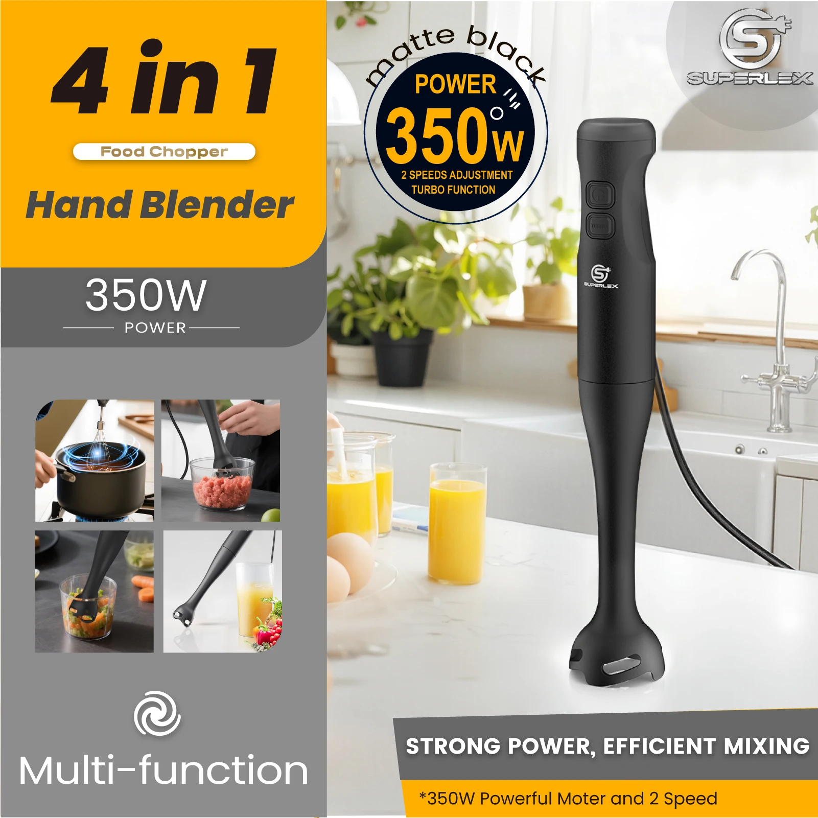SUPERLEX 350W 4-in-1 Immersion Hand Stick Blender Set, 2 Speed & Turbo Control, Stainless Steel Blade, Includes Whisk, Chopper & Measuring Cup for Soup, Smoothies, Baby Food & Minced Meat