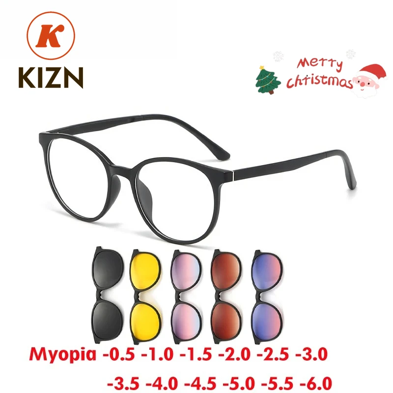 kizn-6-in1round-近視サングラスフレーム磁気クリップ女性メガネトレンド偏光カスタマイズ可能な眼鏡-05-に-60