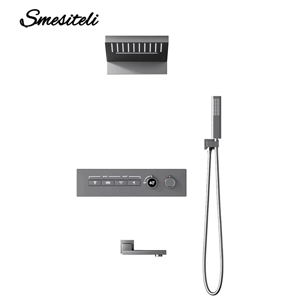 Embedded Box Gunmetal Shower Faucet Ceiling LED Rainfall 4 Ways Shower Mixer System Waterfall Thermostatic Faucet Recessed Set