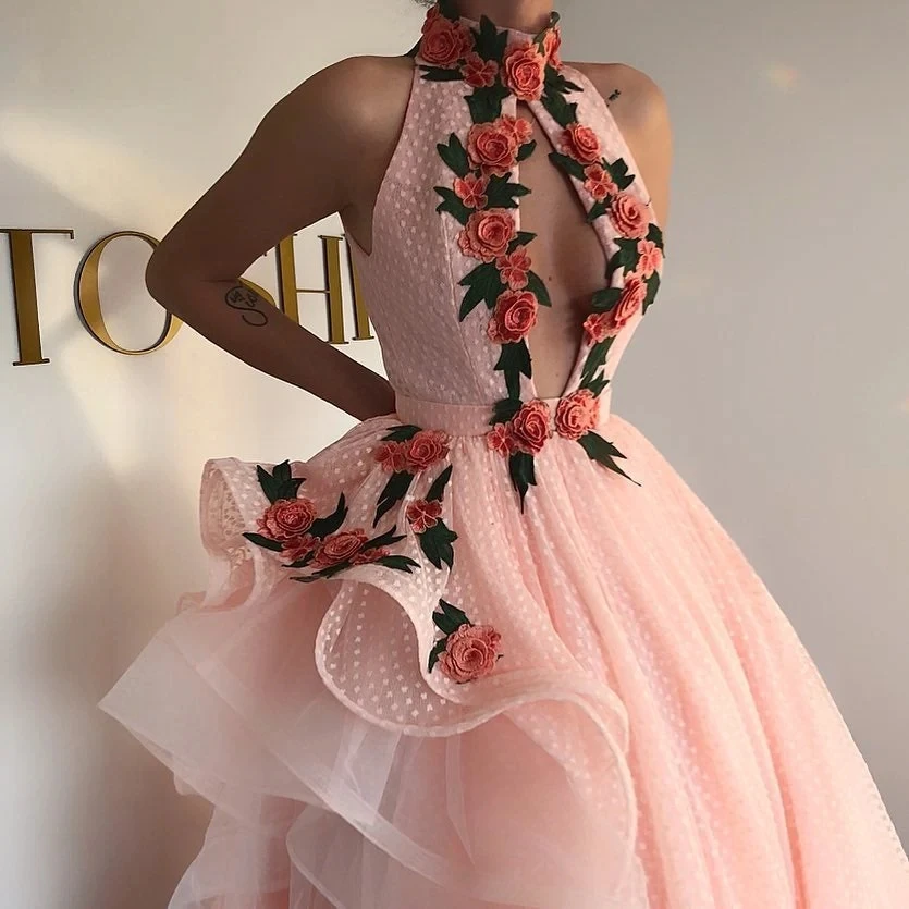 Pink Haute Couture Prom Dresses A-line High Collar Appliques Saudi Arabia Dubai Robe De Soiree Evening Dress Gown Customized