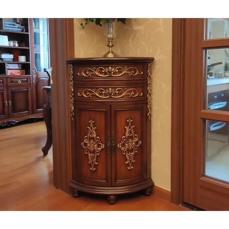 Walnut-Colored 90 Degree Right Angle Triangle Side Corner Cabinet Drop-Leaf Living Room and Kitchen Entry Shelf