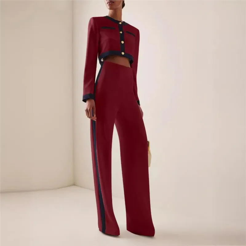 Casual Suit Long Sleeve Button Tops High Waist Pants Suit Women Elegant Slim Office Outfit Fashion Contract Color Women\'s Sets