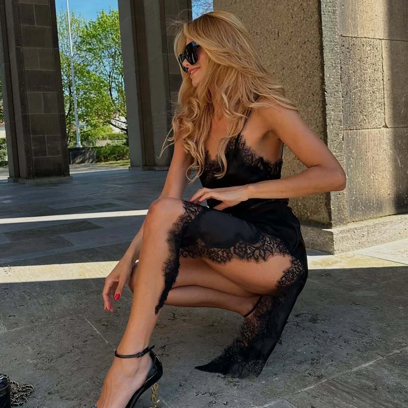 MUJER 2025 dentelle robe femme noir dos nu robes courtes pour les femmes asymétrique fête femmes robe d'été Satin robes Sexy