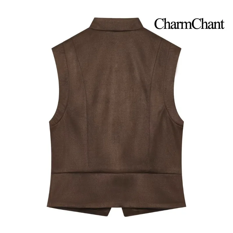 CHARMCHANT Women's Stand Collar Suede Vest Sleeveless Waistcoat Decorative Button Detail Outerwear Streetwear Fall Winter 2026