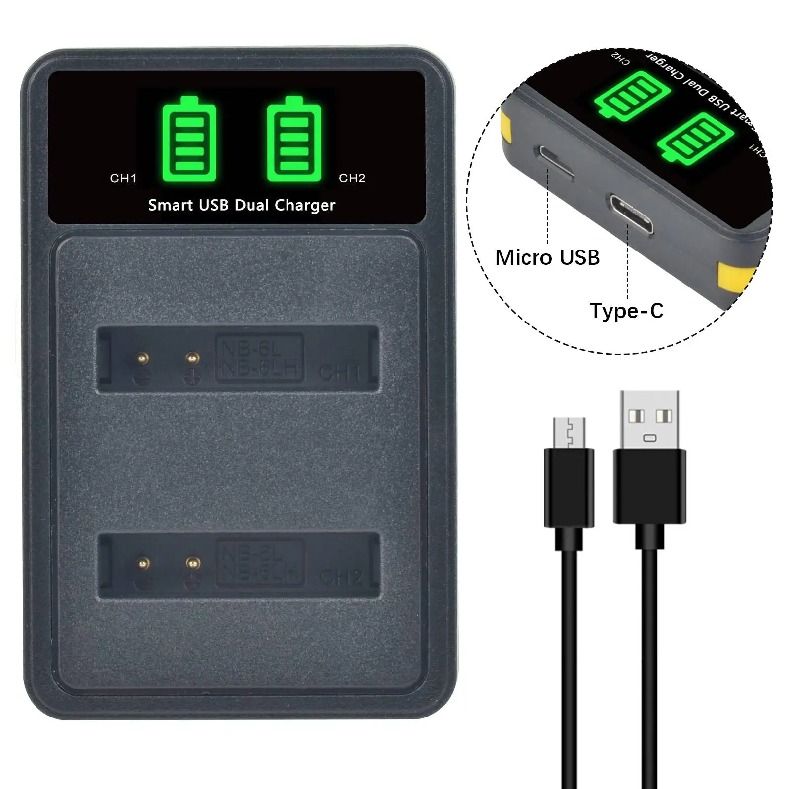 Batmax-NB-6L NB 6L NB-6LH Bateria e Carregador USB Dual LED, Porta Tipo C para Canon SX520 HS SX530 SX600 SX610 SX700 SX710 IXUS 85