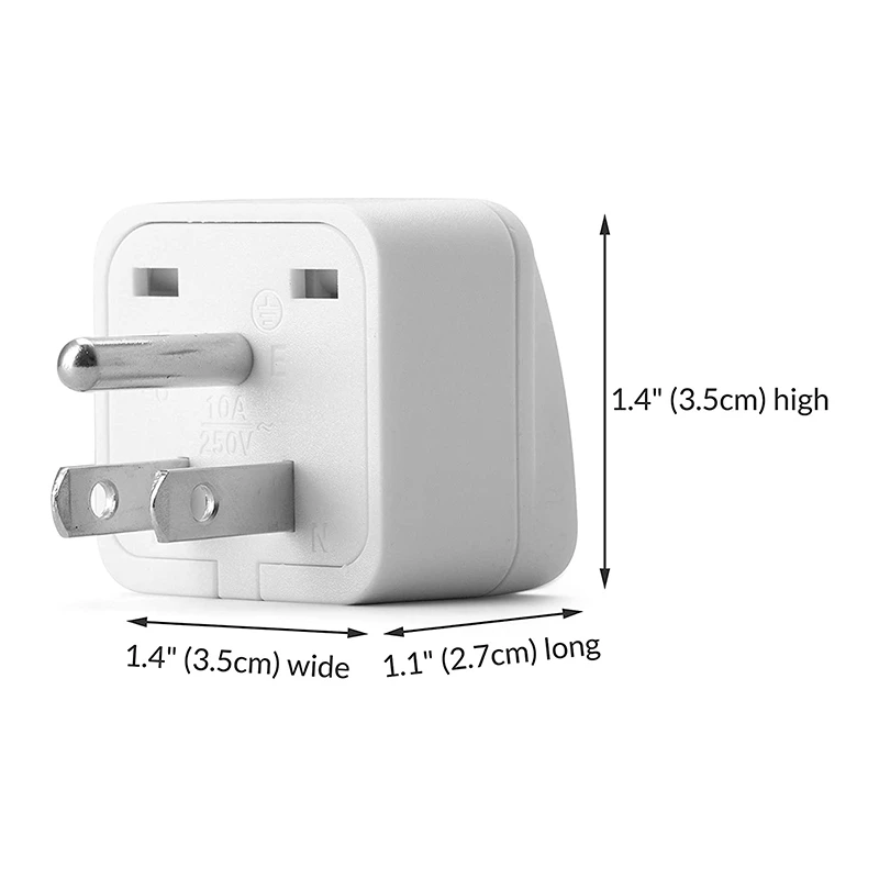 US Travel Plug Adapter EU/UK/AU/In/CN/JP/Asia/Italy/Brazil to USA (Type B), 3 Prong USA Plug, Charger Converter White