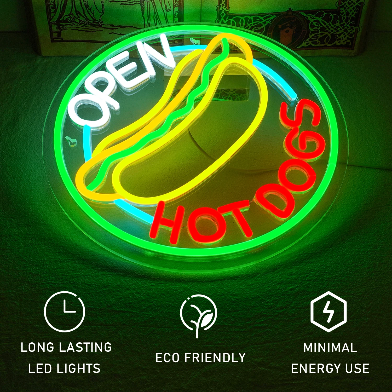 Imagem -03 - Open Hot Dog Neon Sign Led Regulável Redondo Decoração de Parede Verde Alimentado por Usb Quarto Restaurante Festa Familiar Fast Food Decoração da Loja