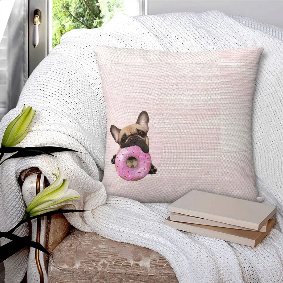 French Bulldog Lovers, Sweet Frenchie With Pink Donuts Square Pillowcase Pillow Cover Velvet Cushion Throw Pillow For Home Sofa