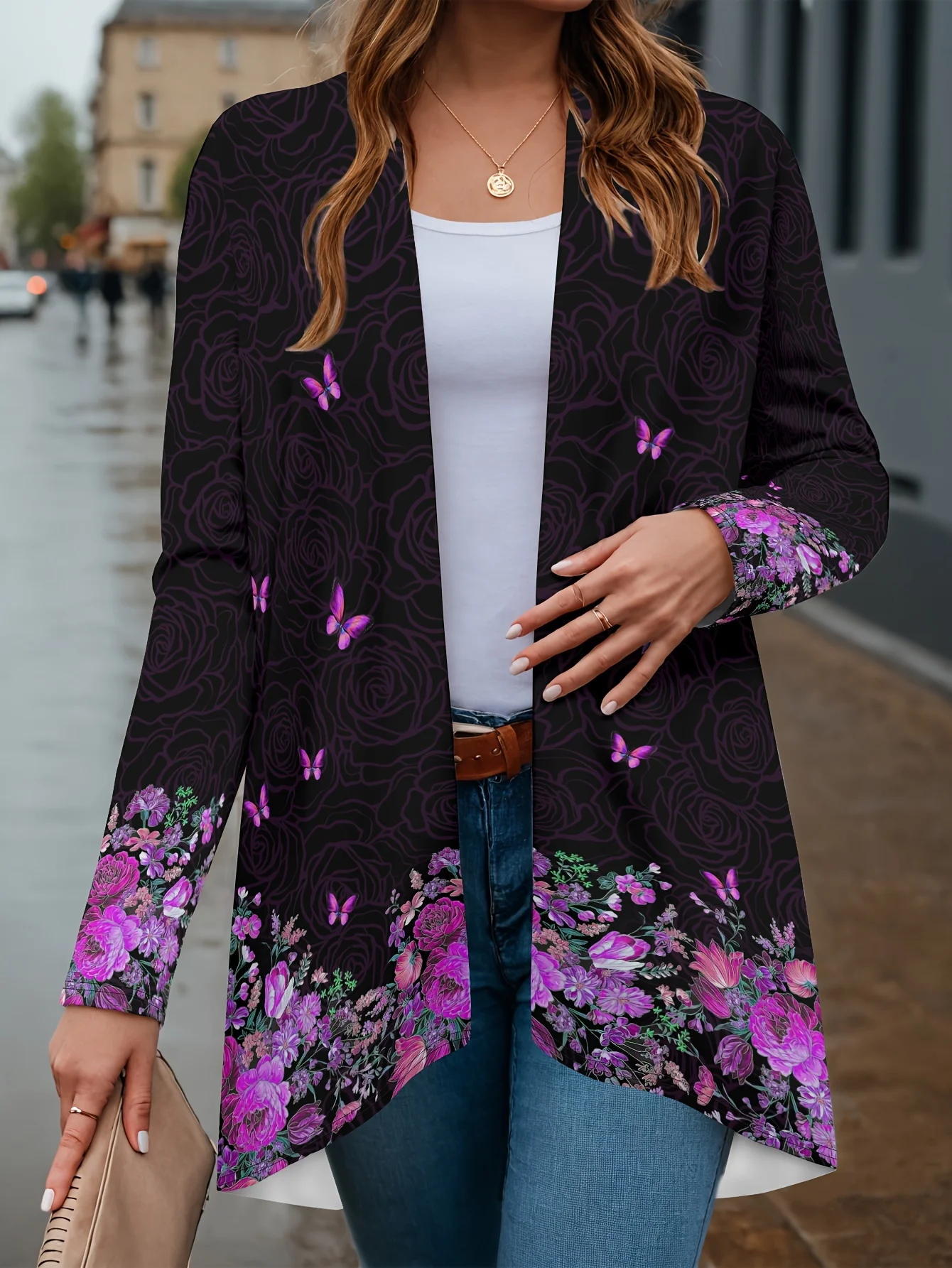2025 Women's Floral Butterfly Printed Long Sleeve Cardigan, Polyester Open Front, Lightweight Cover Up, Spring Fall Casual Coat