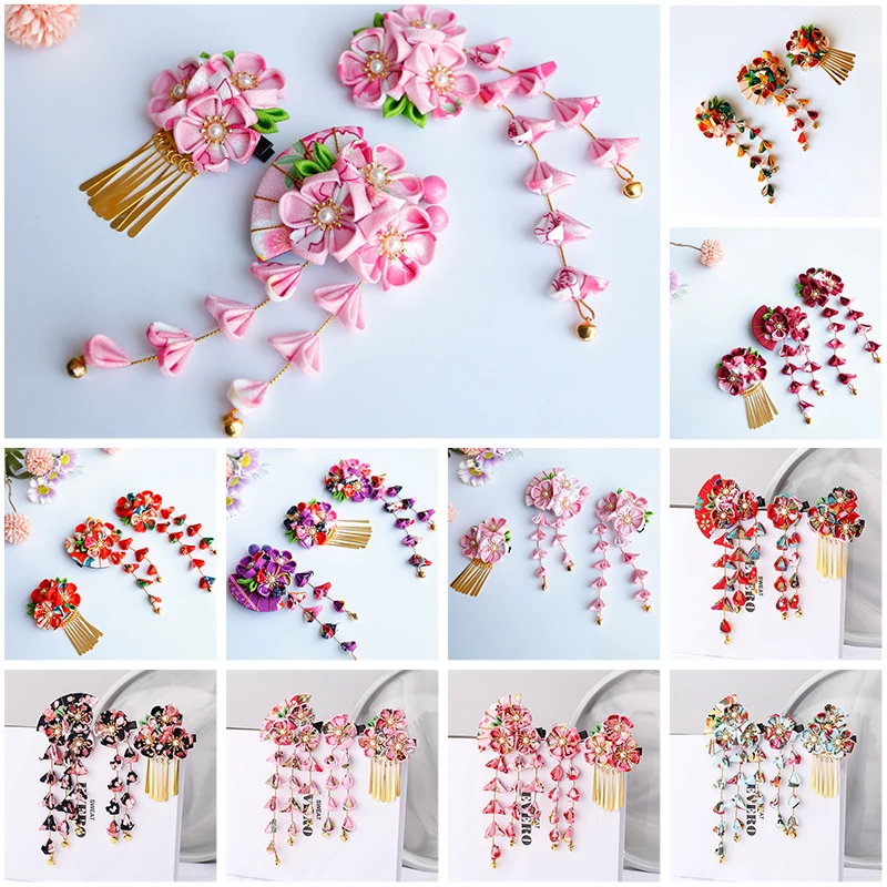 Womens Girls Kimono Traditional Outfit Japanese Hair Tie Flower Floral Fan Barrette Clip Japanese-Style Handmade Tassel Hairpin