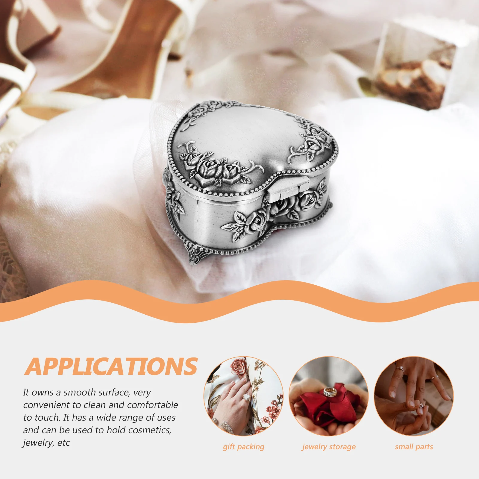 

Heart Shaped Jewelry Box Retro Alloy Storage Jar for Girls Embellished Decorative Container Desktop Organizer Display Case