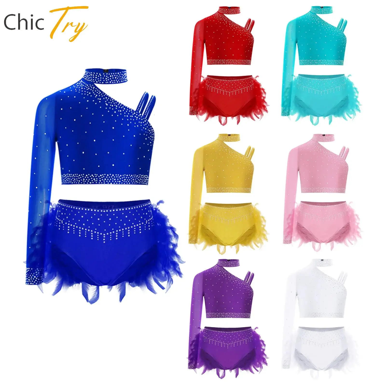 

Kids Girl Latin Dance Outfit Cha-cha Tango Samba Salsa Performance Set Irregular Shoulder Crop Top+Briefs 2-piece Dancewear Set
