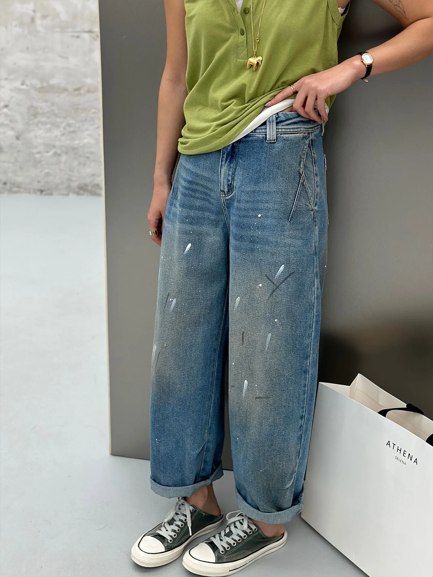 

BodhlCat Vintage Blue Graffiti Distressed Wide Leg Pleated Long Pants Women's Spring New Style High Waist Asymmetric Cotton J...