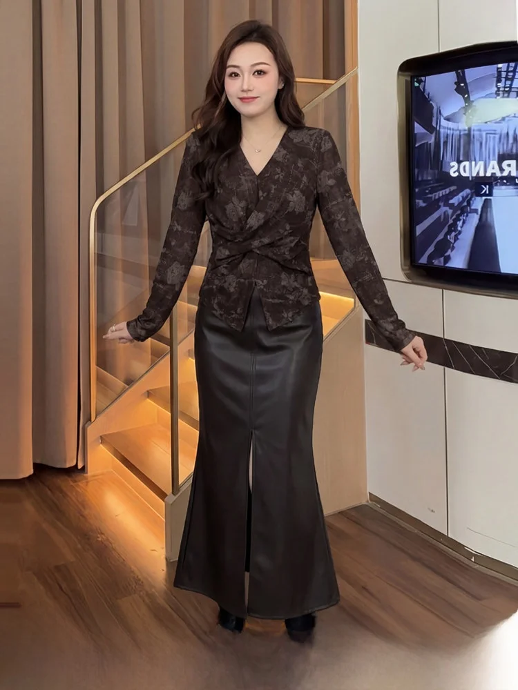 

Large Size Beautiful Broccoli Print Knot Base irt f Skirt Set Winter New Women's Faion Inner Wear Nylon Spandex Polyester