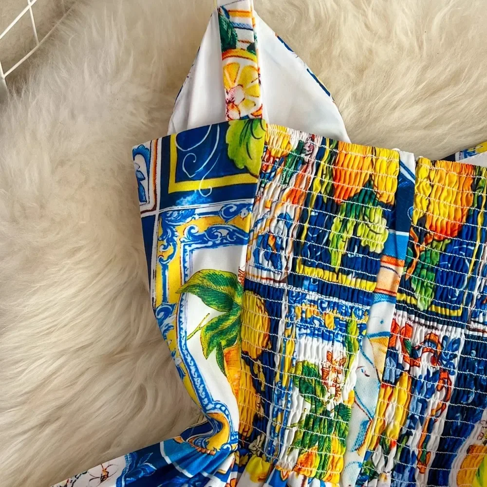 Summer New Tank Strap Designer Women Dress Elegant Bow Spaghetti Strap Backless Lemon Blue White Porcelain Female Long Dresses