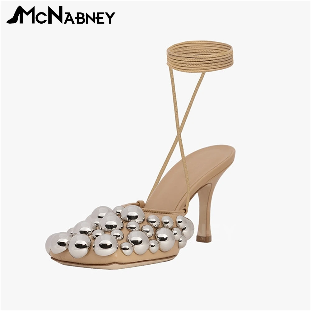 Asymmetric Metallic Bubbles Sandals Beige Leather Ankle Strap Stilettos Customizable Women's Handmade Designer Sandals in Stock