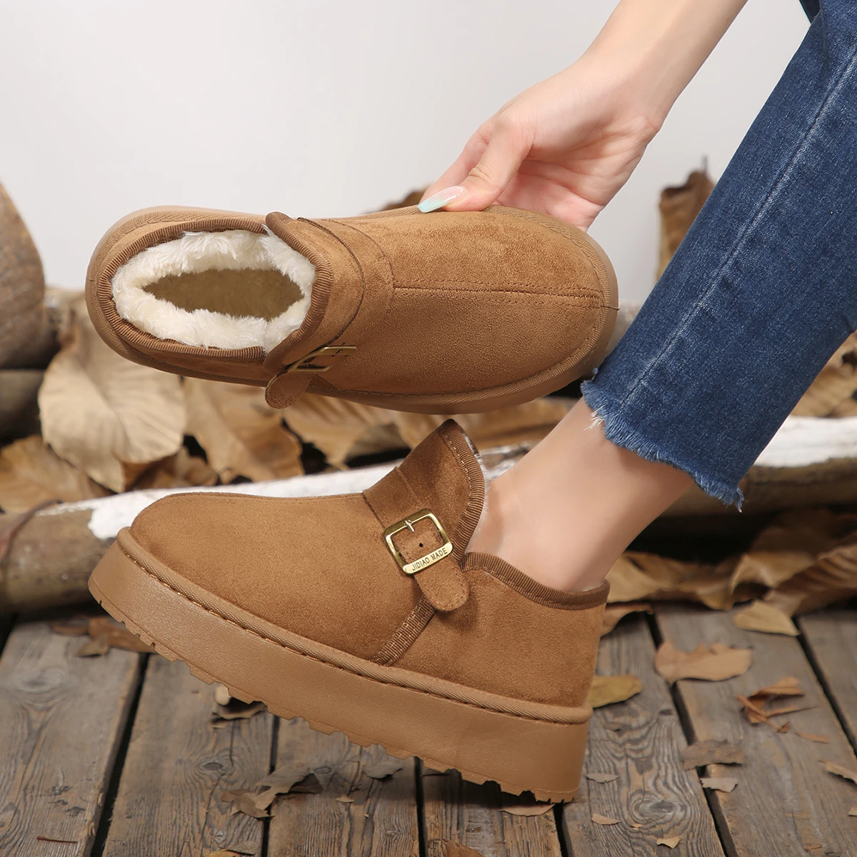 2026 Winter Faux Suede Platform Warm Snow Boots Women's Trend Buckle Thicken Plush Non Slip Ankle Boots Plus Size Cotton Shoes
