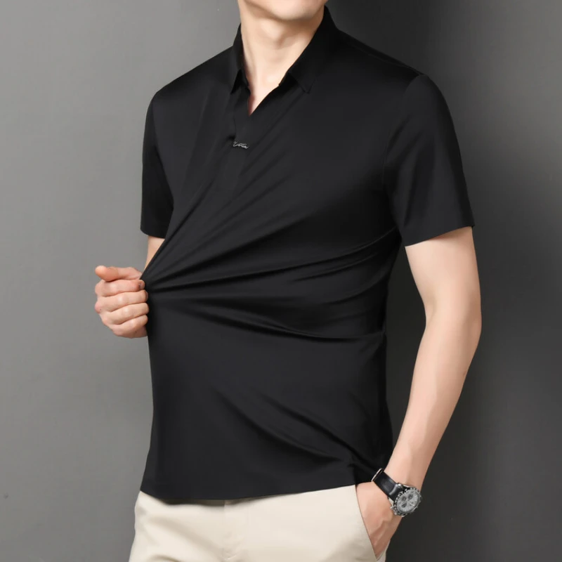 2024 High-quality Elastic Stretch POLO, Business Casual Men\'s Short-sleeved Shirt, Seamless V-neck M-4XL Men\'s Polo Shirt