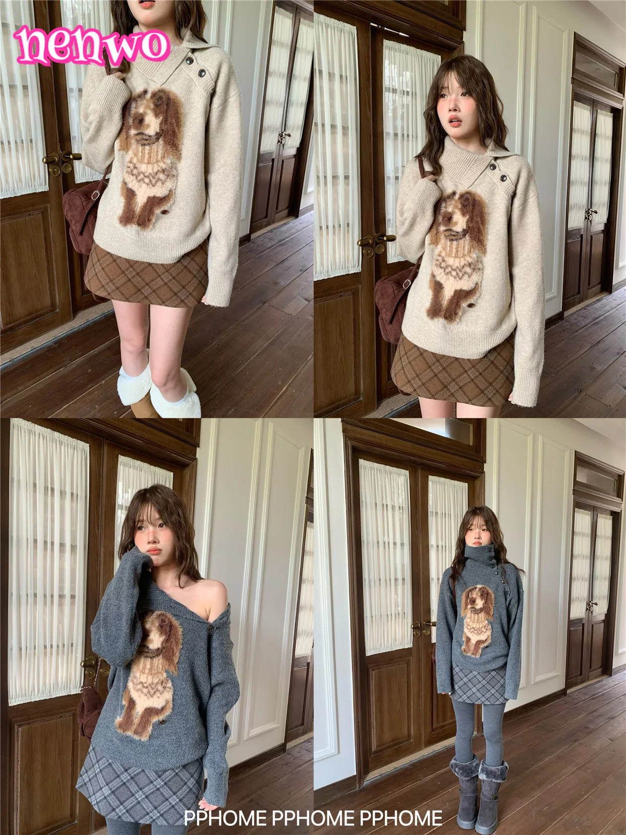 

Retro Khaki Cute Dog Collar Sweater Women's Loose Knitted Casual Top Autumn Winter Fashion Elegant Noble Style women Cardigan