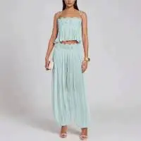 Boho Lace Trim Pink Chiffon 2-Piece Outfit Spaghetti Strap Flowy Cami Top & Elastic Waist Wide Leg Pants Summer Beach Set - view 6