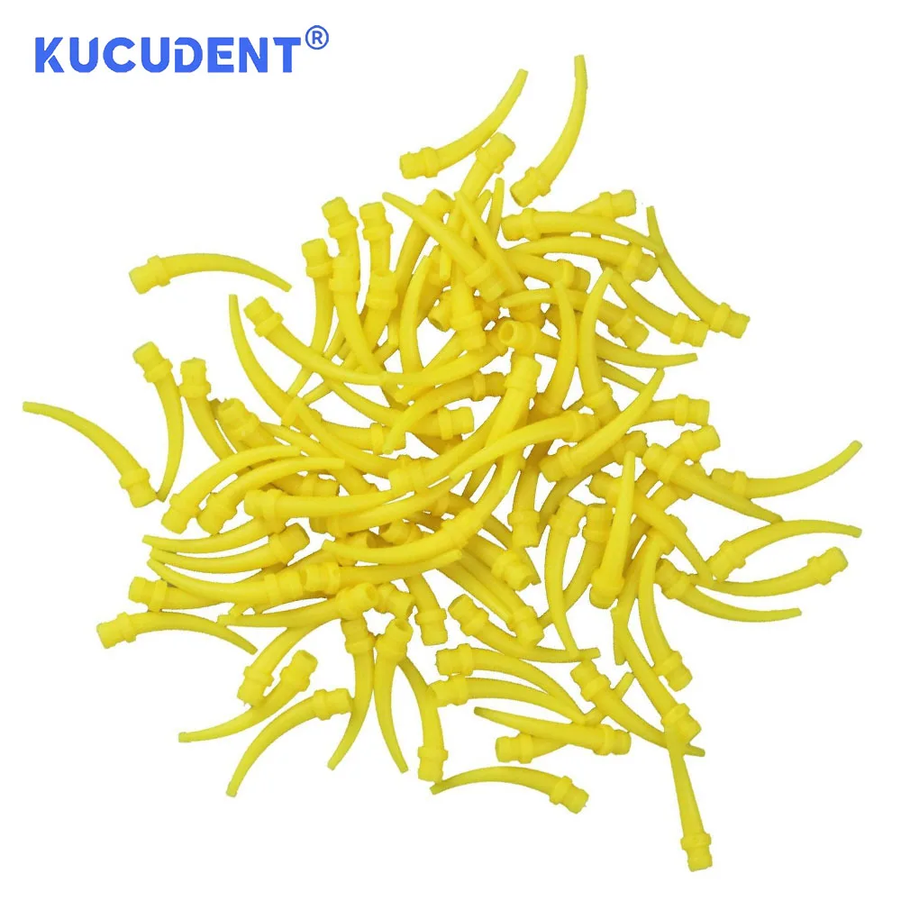 KUCUDENT 100 Pcs Disposable Dental Impression Intraoral Mixing Tips Syringe Yellow Nozzles Dentistry Conveying Mixing Head