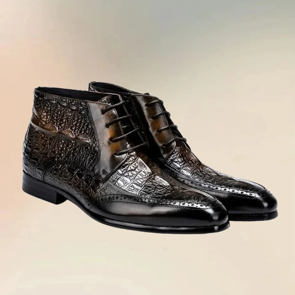 

Black Brown Crocodile Print High Top Ankle Boots Fashion Lace Up Men Boots Luxury Handmade Party Banquet Office Men Dress Shoes